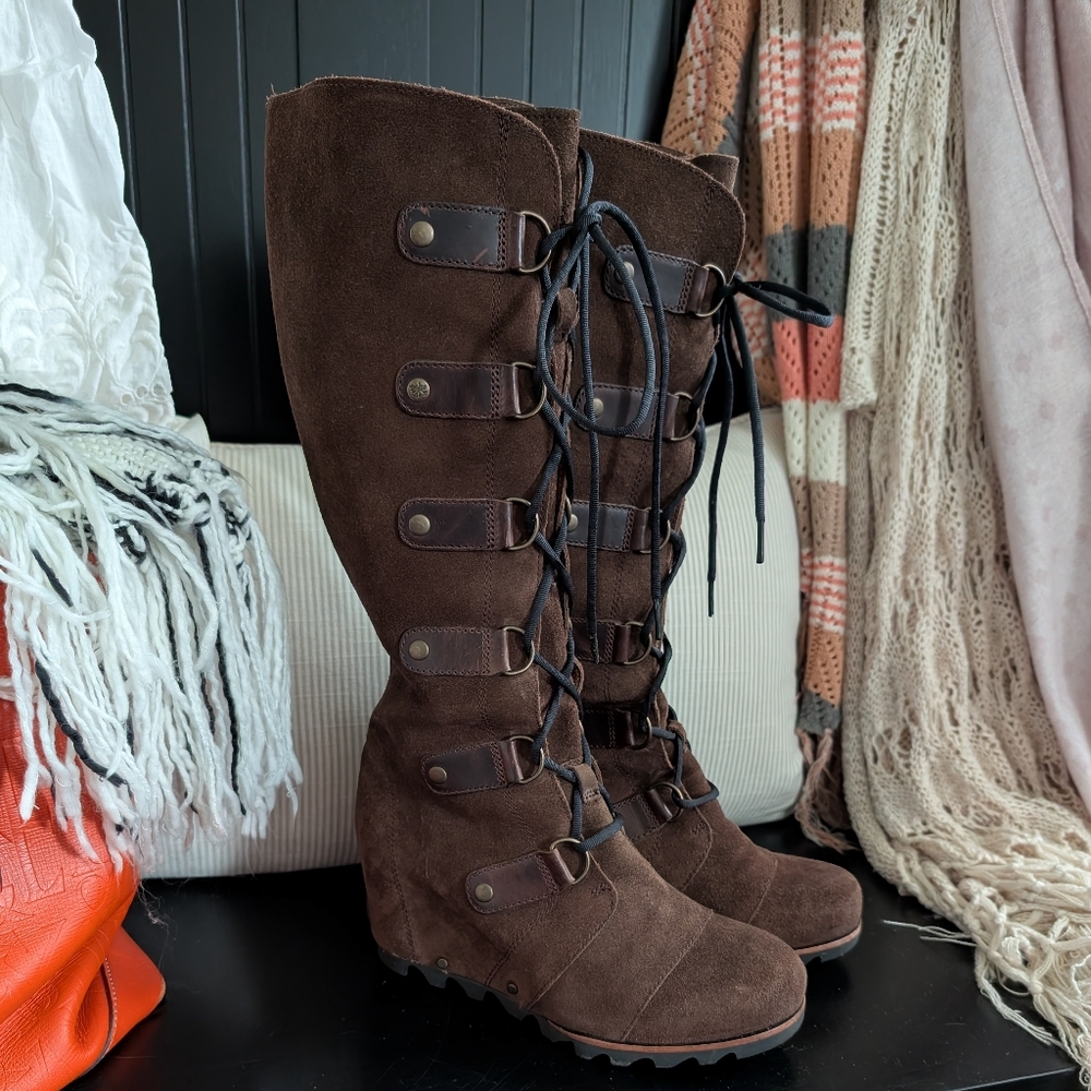 Sorel Joan Of Arctic Tall Lace Up Leather Wedge Knee High Boots Size 8